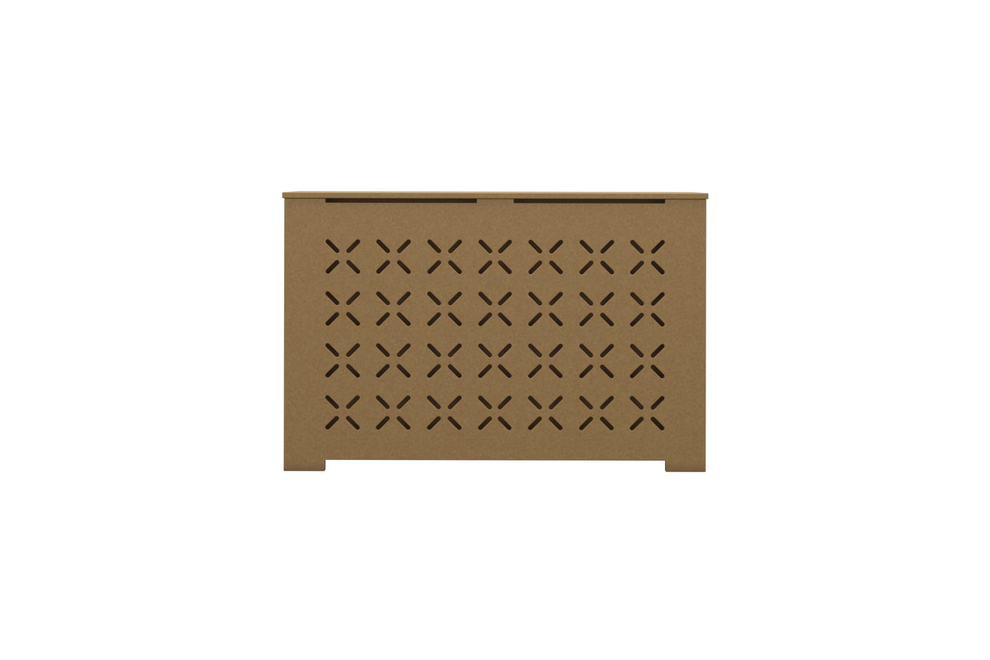 Front view of SIENNA unfinished radiator cover with decorative X-cut grille, handcrafted in NYC for stylish heat concealment.