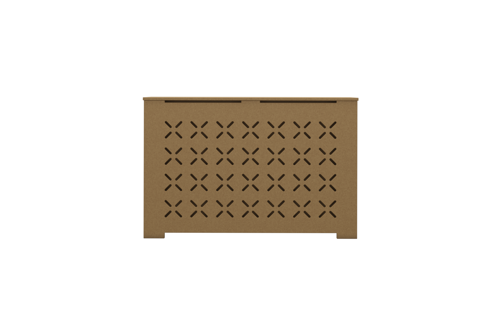 Front view of SIENNA unfinished radiator cover with decorative X-cut grille, handcrafted in NYC for stylish heat concealment.