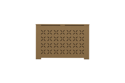 Front view of SIENNA unfinished radiator cover with decorative X-cut grille, handcrafted in NYC for stylish heat concealment.