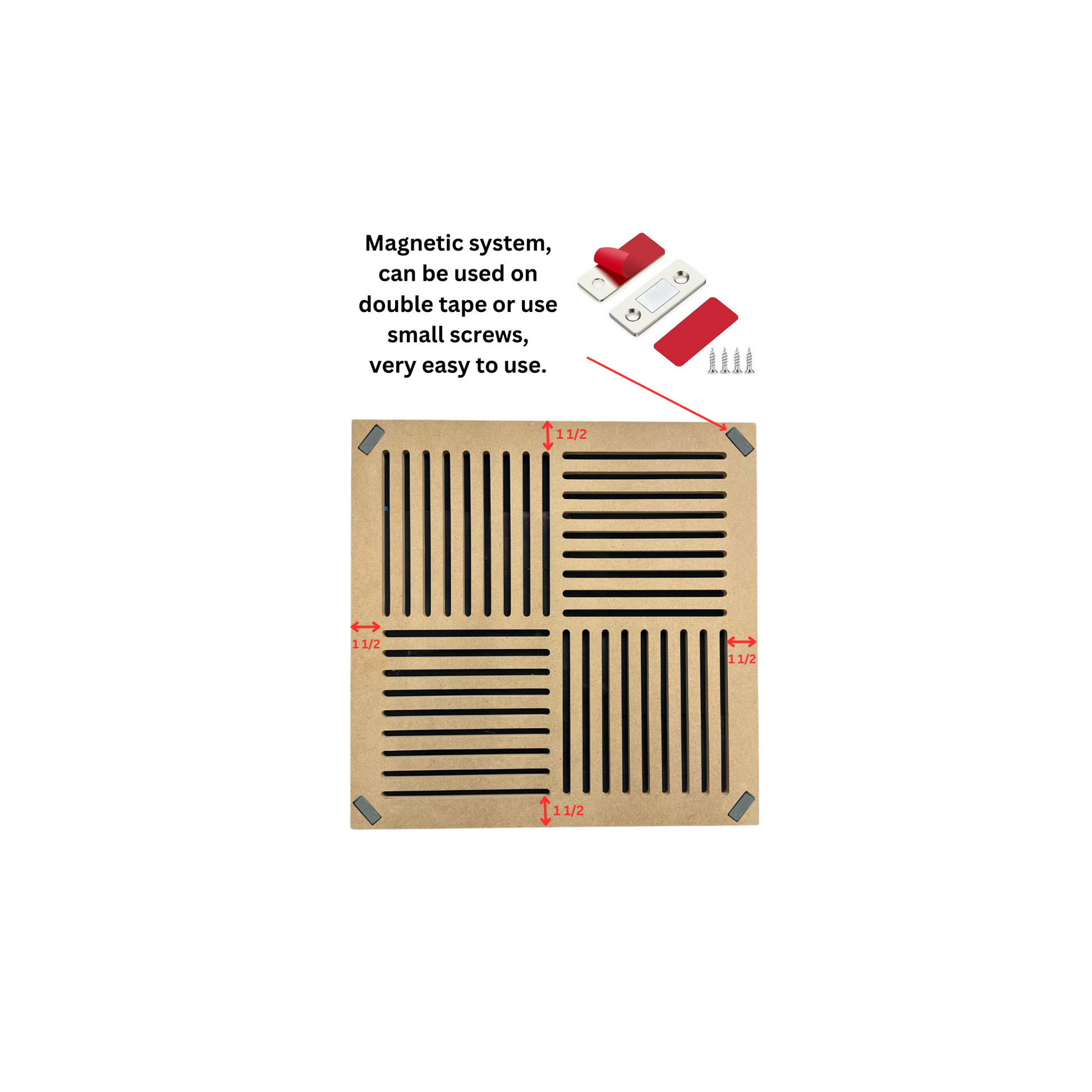 Side view of large magnetic air vent cover showing slim 1/2 inch thickness