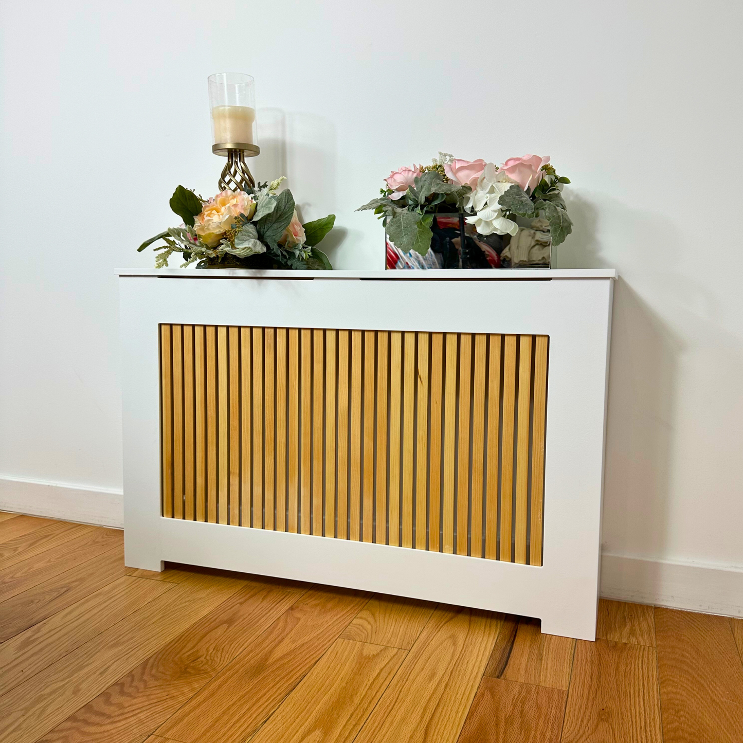 Slatted wood CHELSEA heat cover cabinet showing modern radiator enclosure style