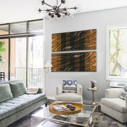 Handmade ECLIPSE Parametric Wood Wall Art in two panels mounted in a modern living room with glass doors and contemporary furniture.