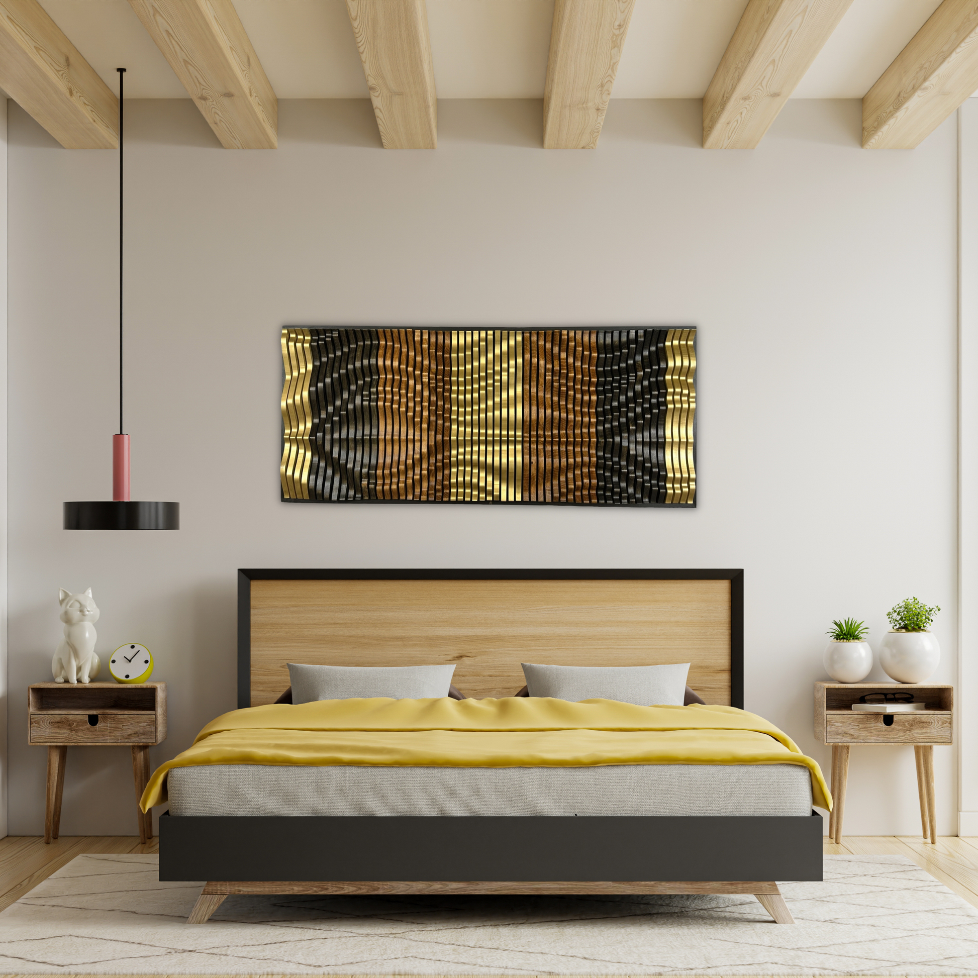 Solid Wood Acoustic Wall Art Panel – Golden Reverie Parametric Design mounted above a modern bed with yellow bedding. Adds sculptural elegance and sound absorption.