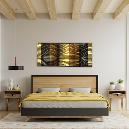 Solid Wood Acoustic Wall Art Panel – Golden Reverie Parametric Design mounted above a modern bed with yellow bedding. Adds sculptural elegance and sound absorption.