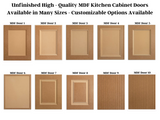 Custom Kitchen Cabinet Doors and Drawers - Customizable Options Available - Available in 20 Unfinished Designs - MDF Cabinet Doors - Paintable