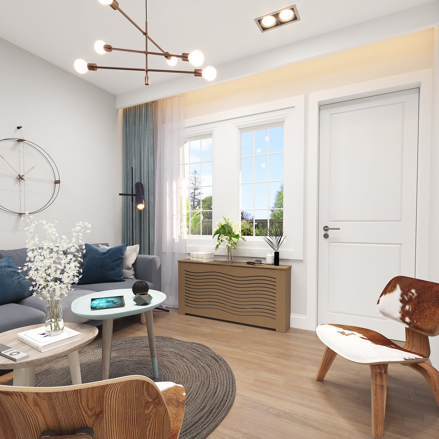 CAPELLA custom radiator cover in a modern living room, blending with contemporary decor and offering a stylish heat solution.