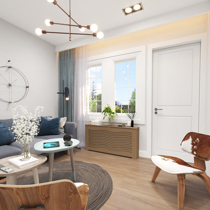 CAPELLA custom radiator cover in a modern living room, blending with contemporary decor and offering a stylish heat solution.