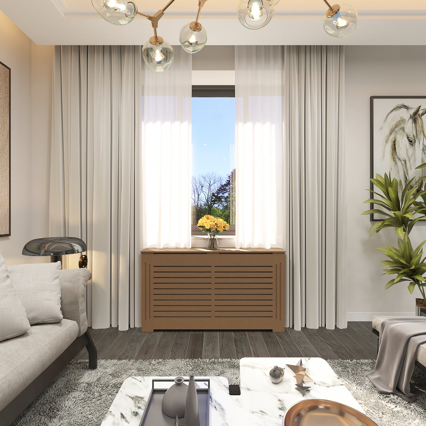 Unfinished JULIA radiator cover cabinet with clean modern design, Medex wood construction, custom radiator cover ready to paint