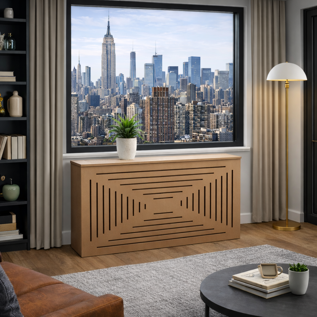 Unfinished SANTORINI radiator cover cabinet with clean modern design and smooth Medex MDF surface