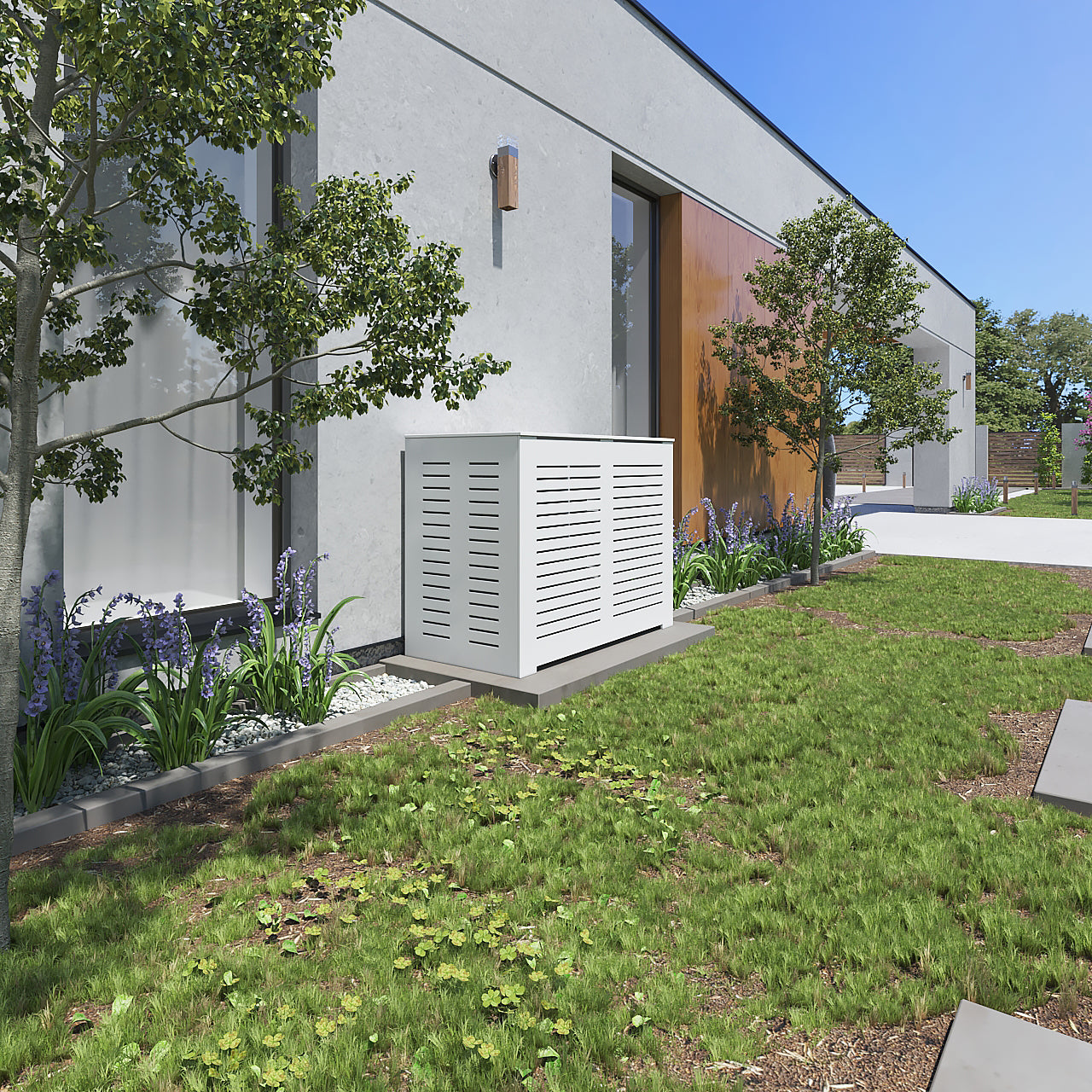 Weatherproof PVC air conditioner fence hiding HVAC units outdoors