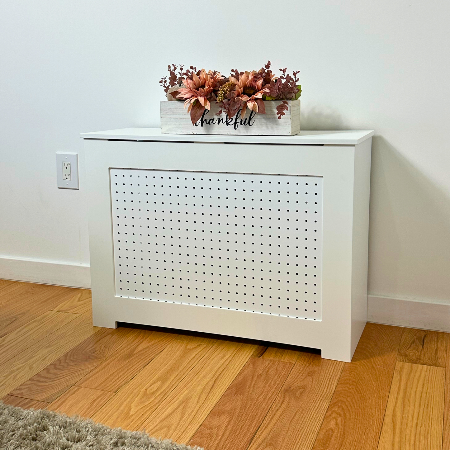 White ALEXIA radiator cover cabinet with decorative front design and furniture-grade finish