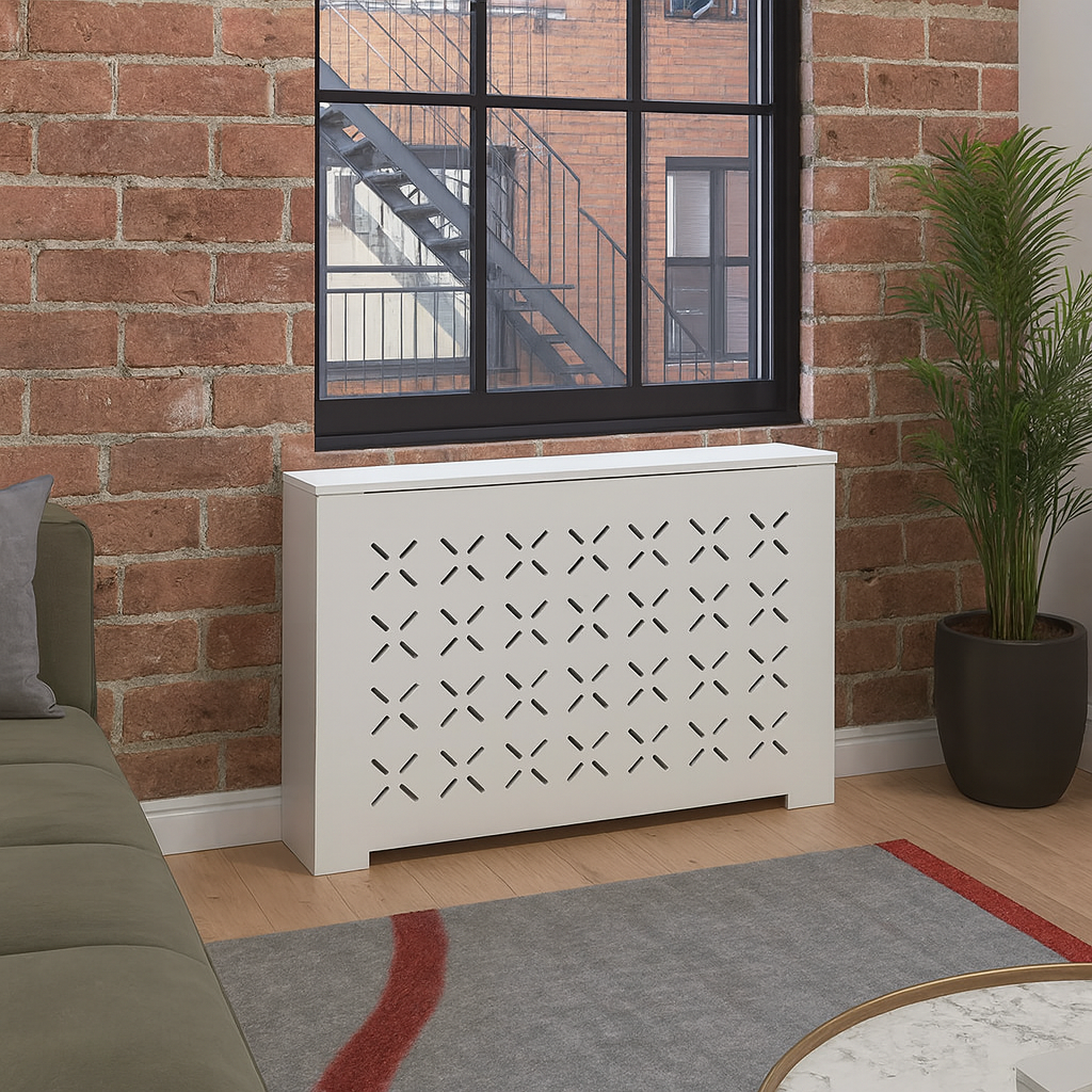 White SIENNA radiator cover cabinet with clean modern design and smooth furniture-grade finish