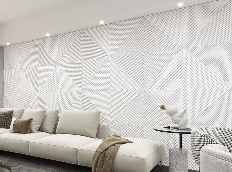 White acoustic 3D wall panels installed in modern living room interior