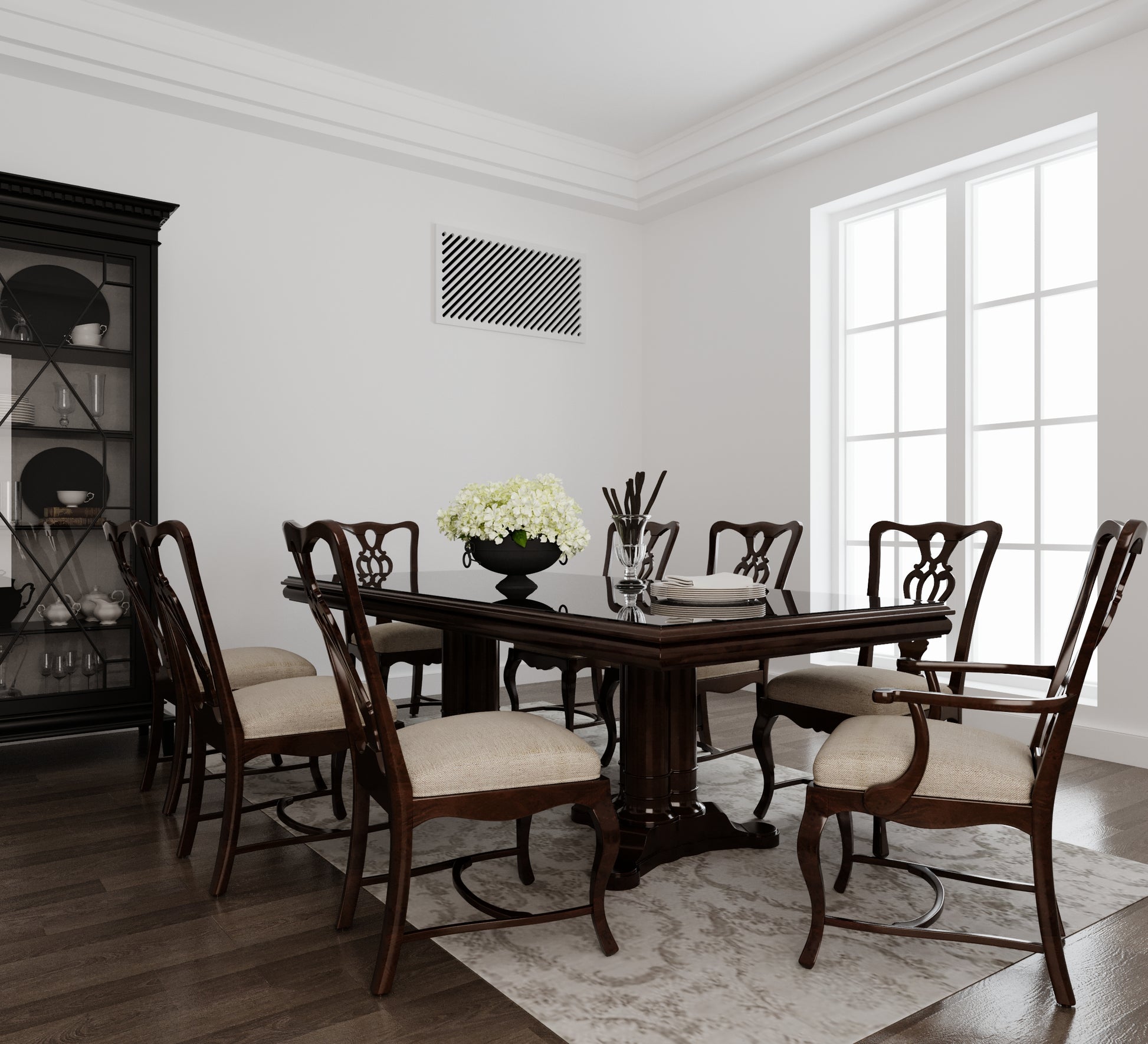 White paintable magnetic HVAC vent cover installed on wall in modern interior