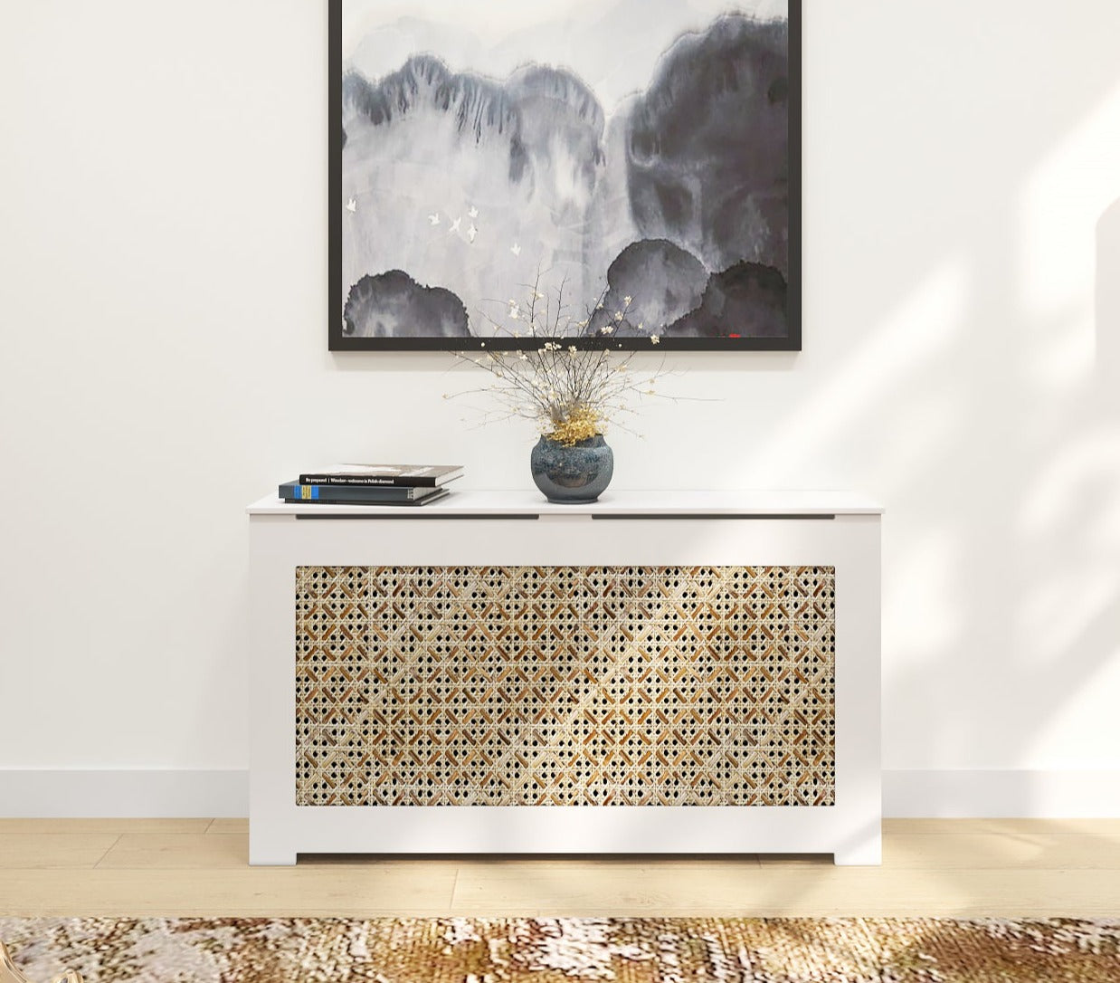 White rattan radiator cover handmade in NYC