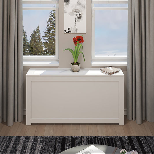 White shaker PTAC cover cabinet with hinged top made in NYC