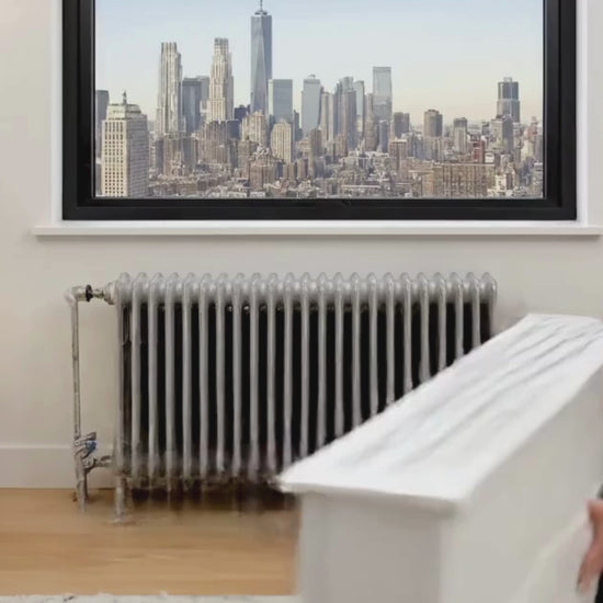 Custom SANTORINI unfinished radiator cover cabinet installed in NYC apartment interior before painting - ArtMillwork Design