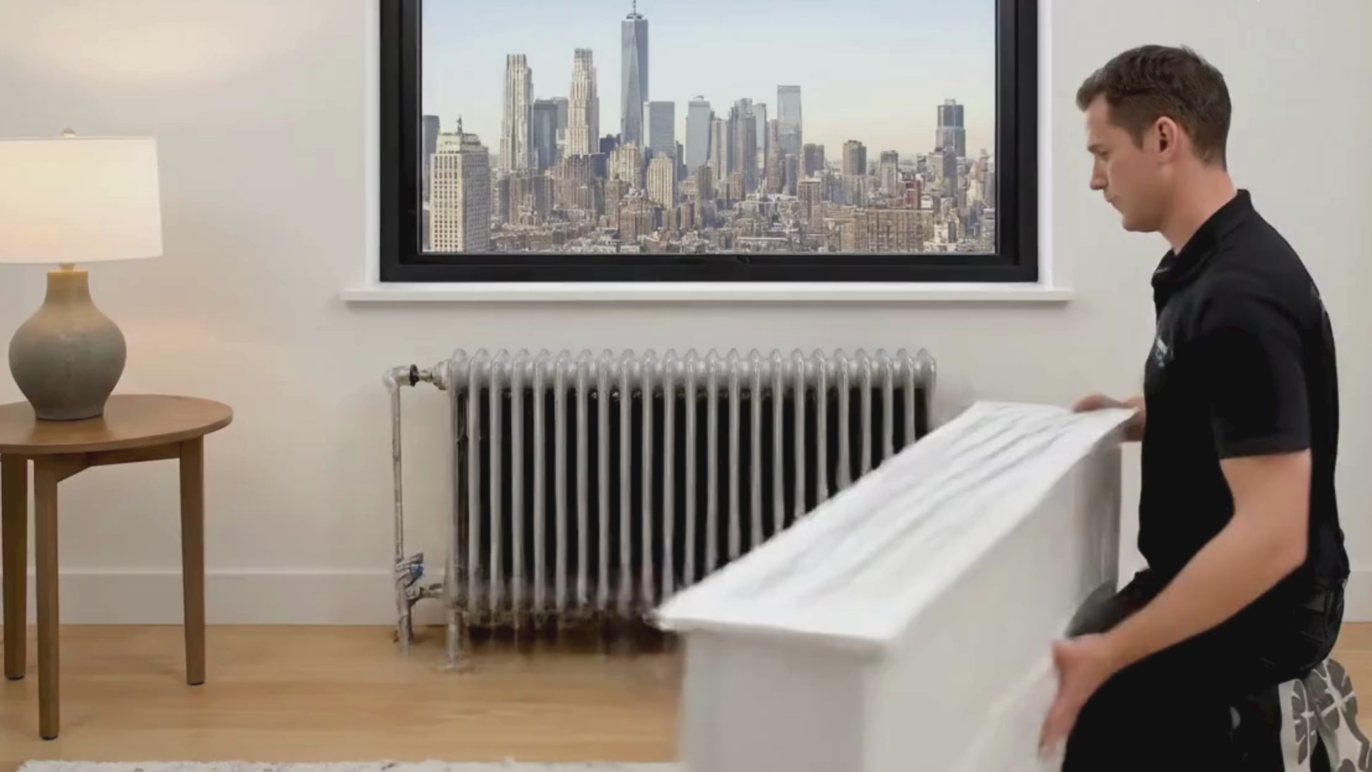 Custom SANTORINI unfinished radiator cover cabinet installed in NYC apartment interior before painting - ArtMillwork Design