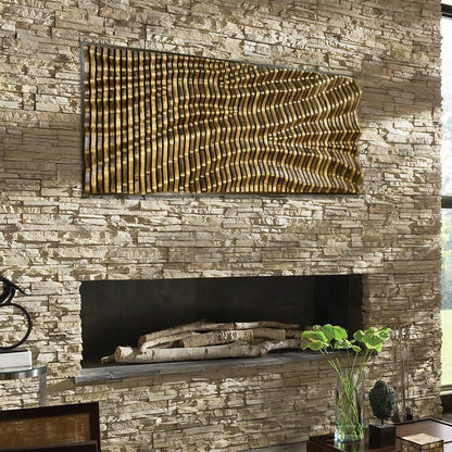 BORDEAUX Wall Art - Solid Wood Acoustic Wall Art mounted above a fireplace on a textured stone wall, enhancing luxury home decor.