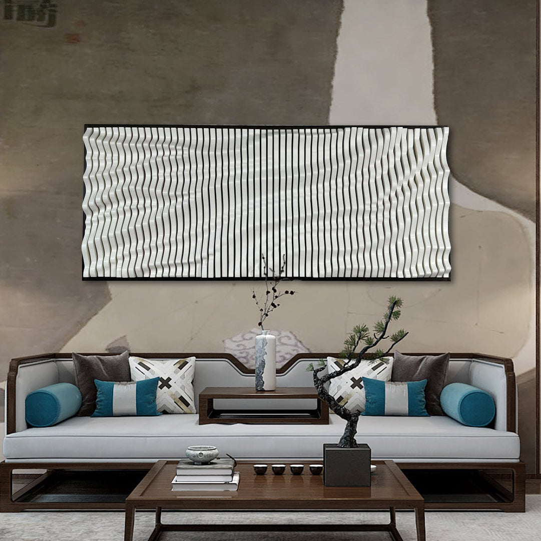 CHELSEA Parametric Wood Wall Art displayed above a modern sofa in a luxury living room, enhancing acoustic performance and adding sculptural elegance.