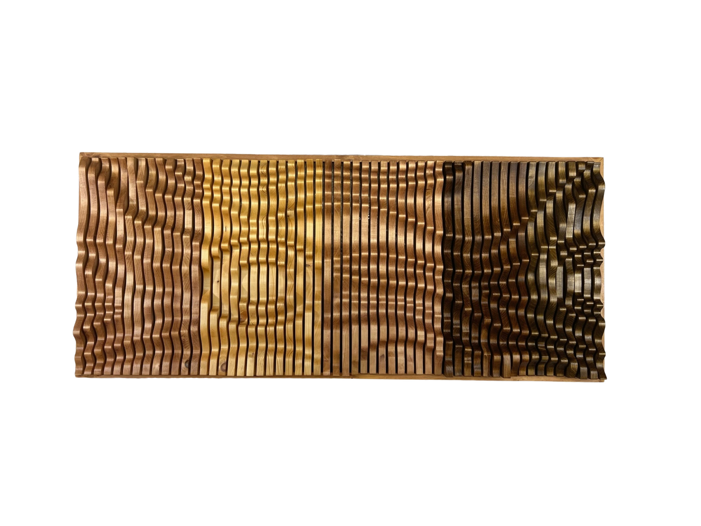 Front view of SUNRISE Wall Art panel with parametric wood design, ideal for acoustic enhancement and modern home decor.