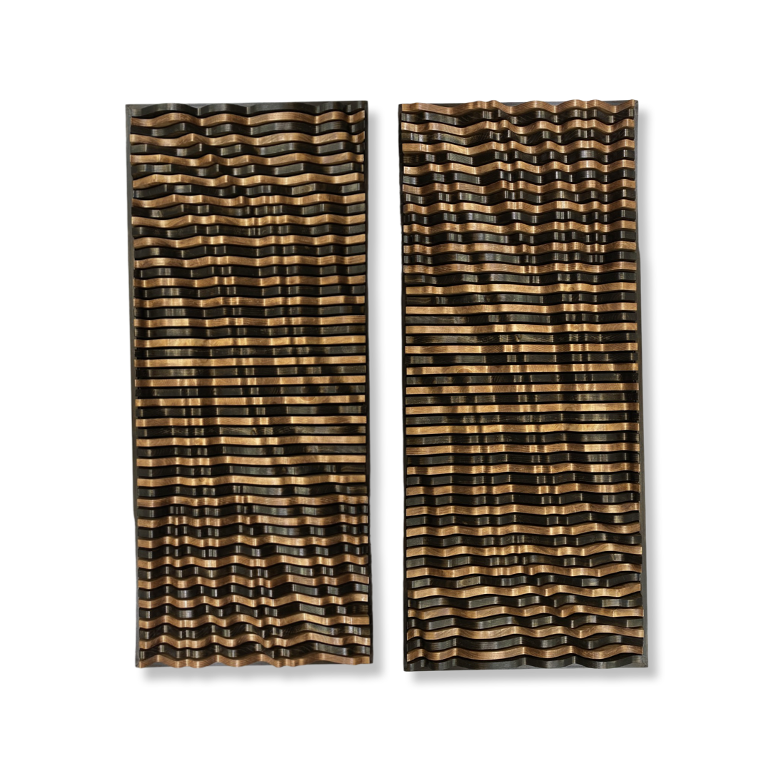 Vertical view of TSUNAMI Parametric Wood Wall Art panels, handcrafted from 100% solid wood with dynamic 3D wave pattern for modern interiors.