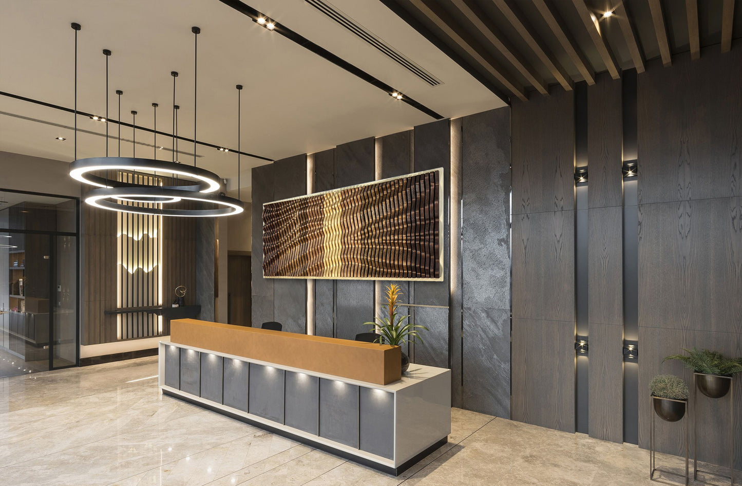 Luxury office lobby featuring VORTEX Wood Wall Art panel, combining sculptural acoustic design with modern architectural aesthetics.