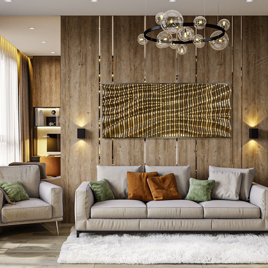 BORDEAUX acoustic wood wall panel as a statement piece in a cozy living room with wood-paneled walls and neutral furniture.