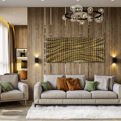 BORDEAUX acoustic wood wall panel as a statement piece in a cozy living room with wood-paneled walls and neutral furniture.