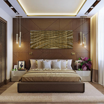 Solid wood BORDEAUX acoustic wall art above a bed in a luxury bedroom with wooden wall panels and modern pendant lights.