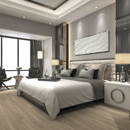 CHELSEA Acoustic Wood Wall Art Panel mounted above a bed in a contemporary bedroom, offering sound diffusion and stylish wall decor.