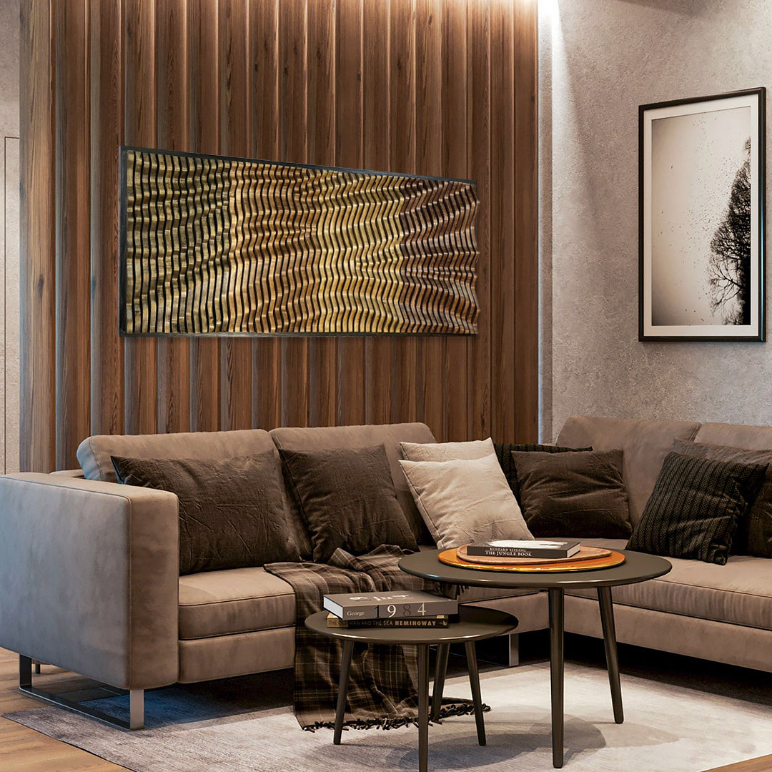 TRAVERSO Wood Wall Art - Parametric Wood Acoustic Panel | Handmade NYC displayed in cozy living room with wood slat wall, adding texture and warmth.