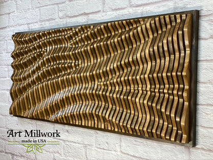 Handmade parametric wood wall panels used as acoustic wall decor