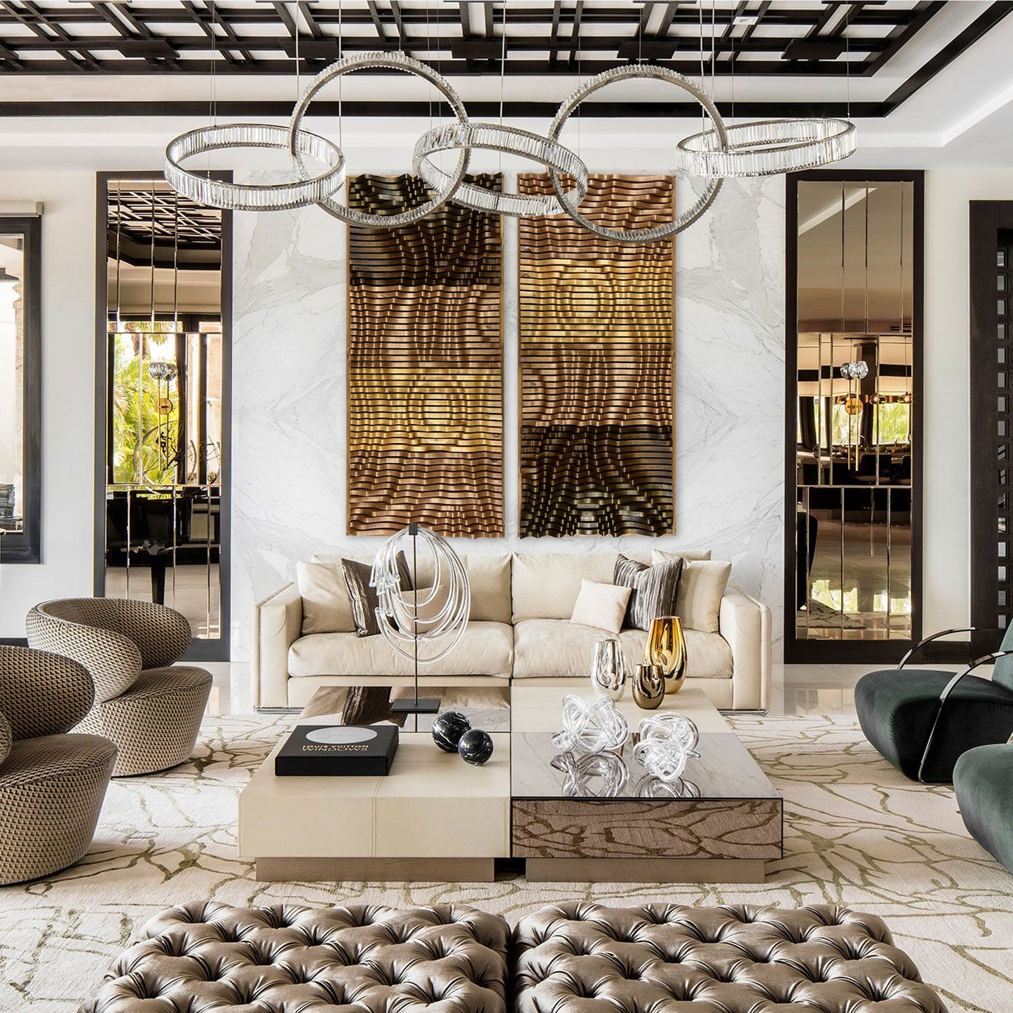 Luxury interior featuring two SUNRISE Wall Art panels as a focal point, enhancing room acoustics and adding sculptural wood elegance.