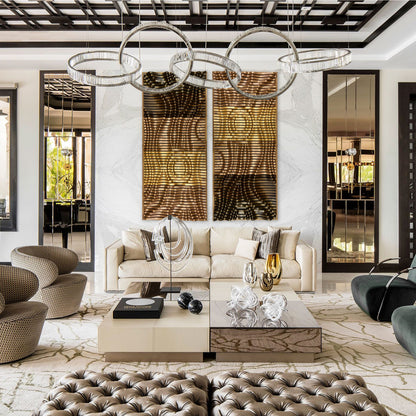 Luxury interior featuring two SUNRISE Wall Art panels as a focal point, enhancing room acoustics and adding sculptural wood elegance.