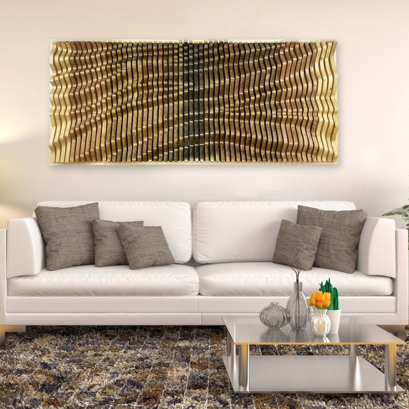 Solid Wood Wall Decor - INFINITY parametric wood wall art above a white sofa in a modern living room, enhancing acoustic performance and aesthetics.