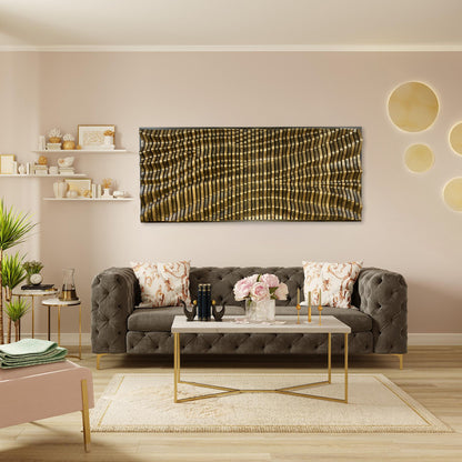 Handcrafted BORDEAUX acoustic wood wall art displayed in a chic living room, adding sculptural elegance above a tufted sofa.