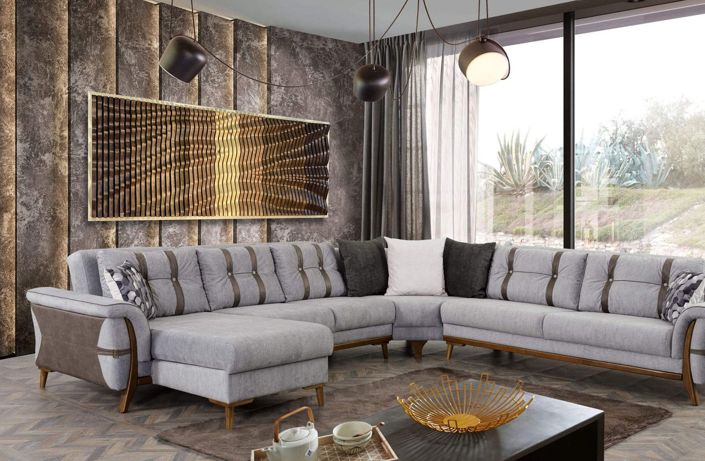 Contemporary lounge with VORTEX Wood Wall Art panel as a focal point, enhancing room acoustics and adding artistic wood texture.