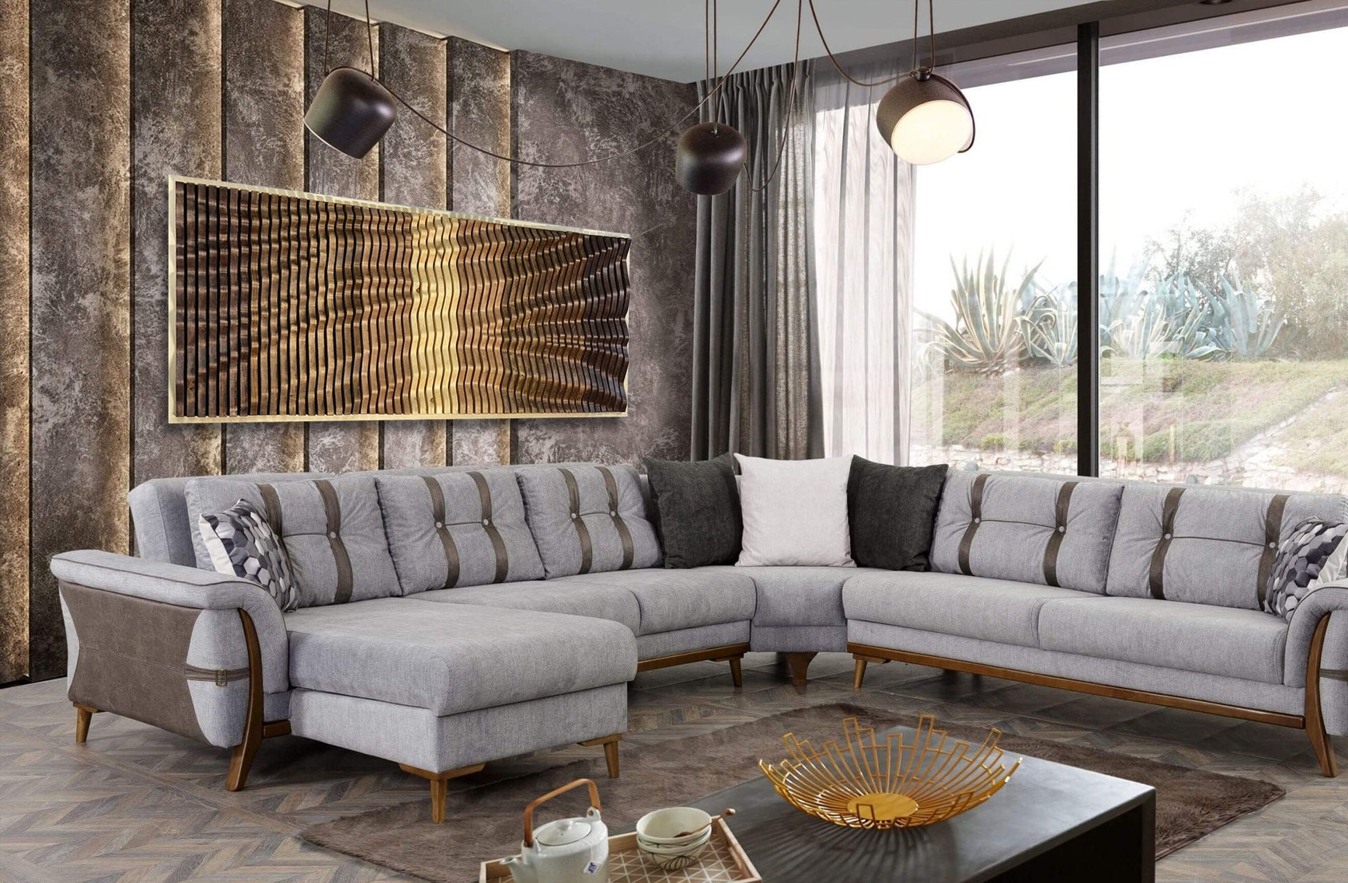 Contemporary lounge with VORTEX Wood Wall Art panel as a focal point, enhancing room acoustics and adding artistic wood texture.