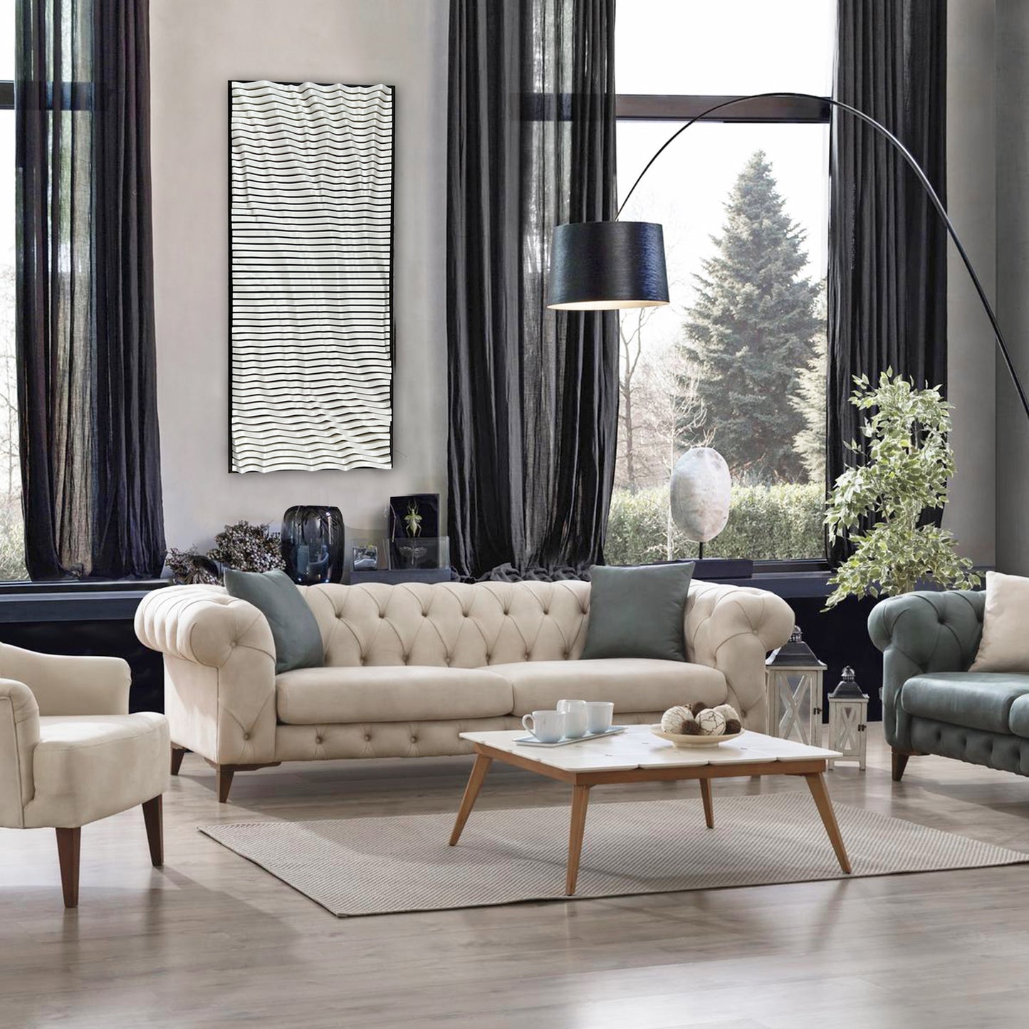 Vertical CHELSEA Parametric Wood Wall Art in a chic living room with tall windows, serving as a sound-absorbing and decorative focal point.