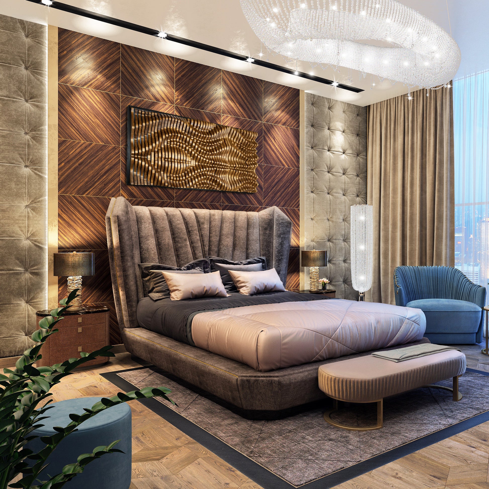 GOLIATHUS Solid Wood Acoustic Wall Art Panel displayed above a luxury bed with textured wall panels in an upscale bedroom interior.