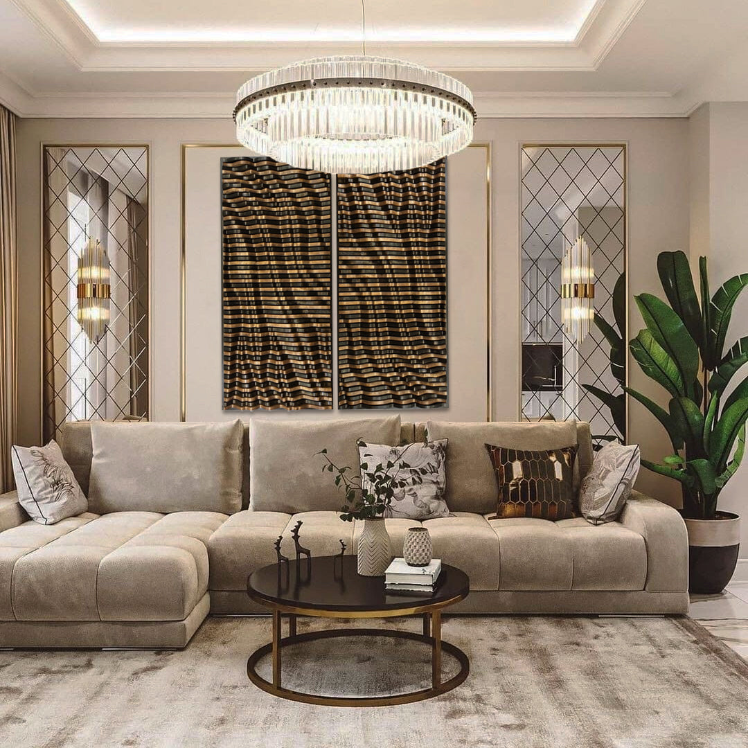 TSUNAMI Parametric Wood Wall Art panels featured in a luxury living room with beige sectional sofa and chandelier, adding acoustic and visual depth.
