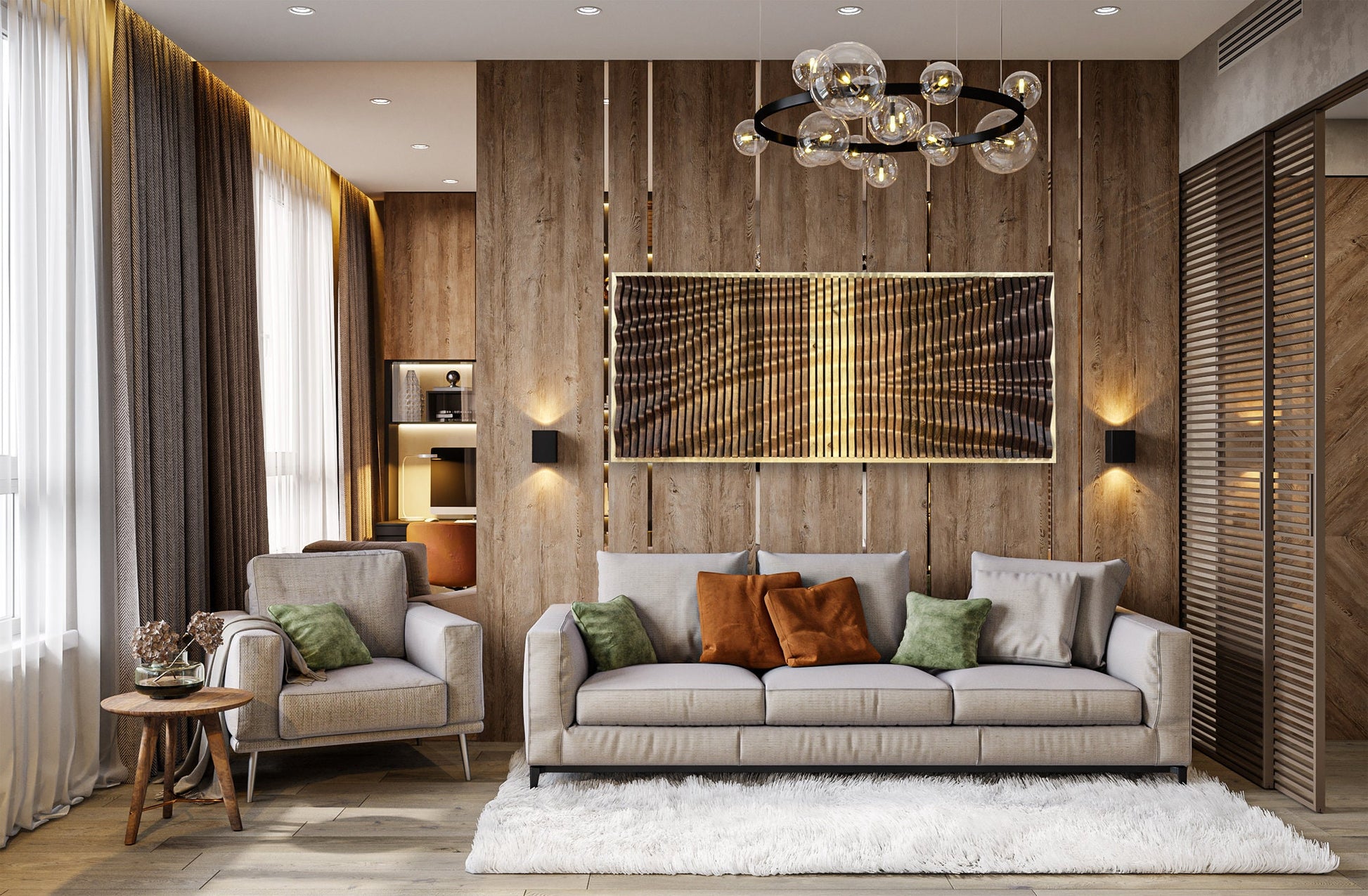 Modern living room with VORTEX Wood Wall Art panel mounted above a sofa, blending sculptural acoustic design with warm wood textures.
