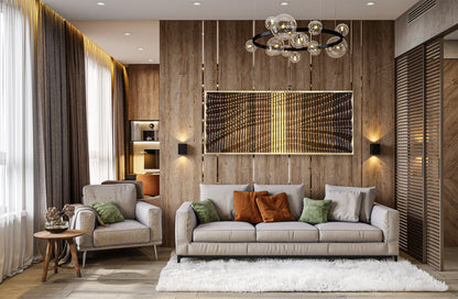 Modern living room with VORTEX Wood Wall Art panel mounted above a sofa, blending sculptural acoustic design with warm wood textures.