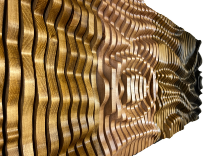 Modern bedroom interior featuring SUNSET parametric wood wall art installation