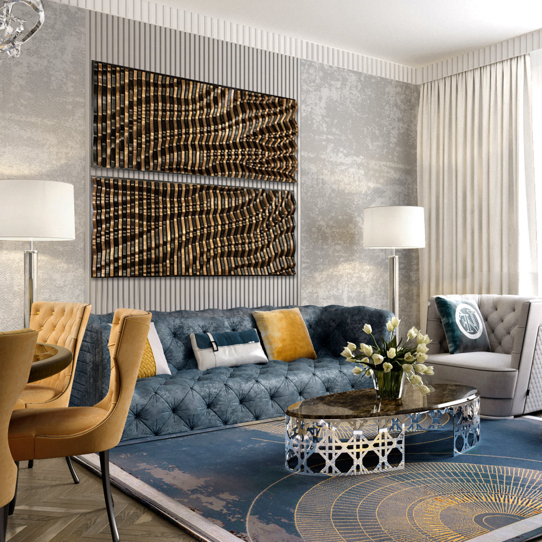 TSUNAMI Parametric Wood Wall Art panels above a blue tufted sofa in a contemporary living room, enhancing decor with acoustic wood texture.