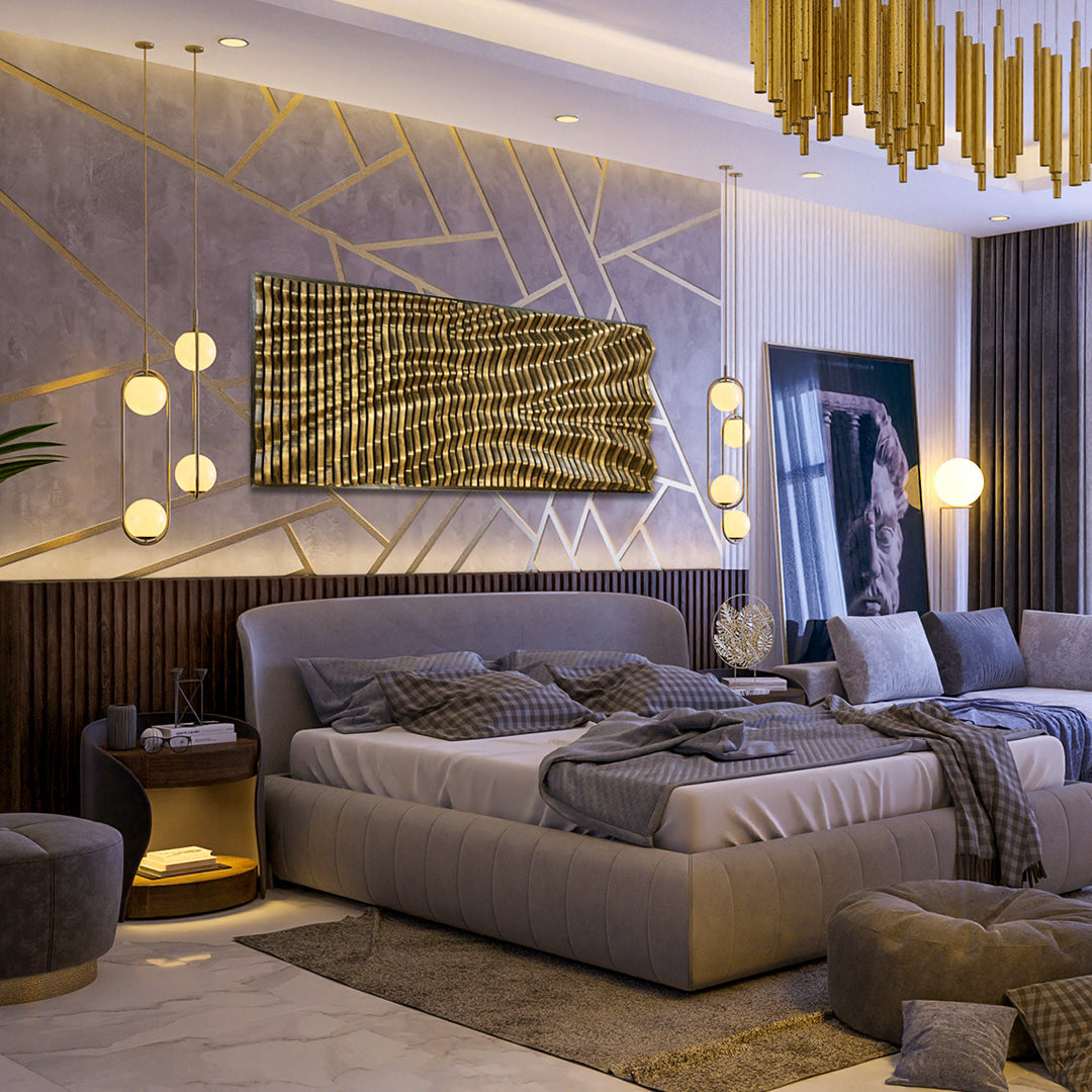 BORDEAUX handcrafted acoustic wood panel featured in a modern bedroom with geometric wall accents and ambient lighting.