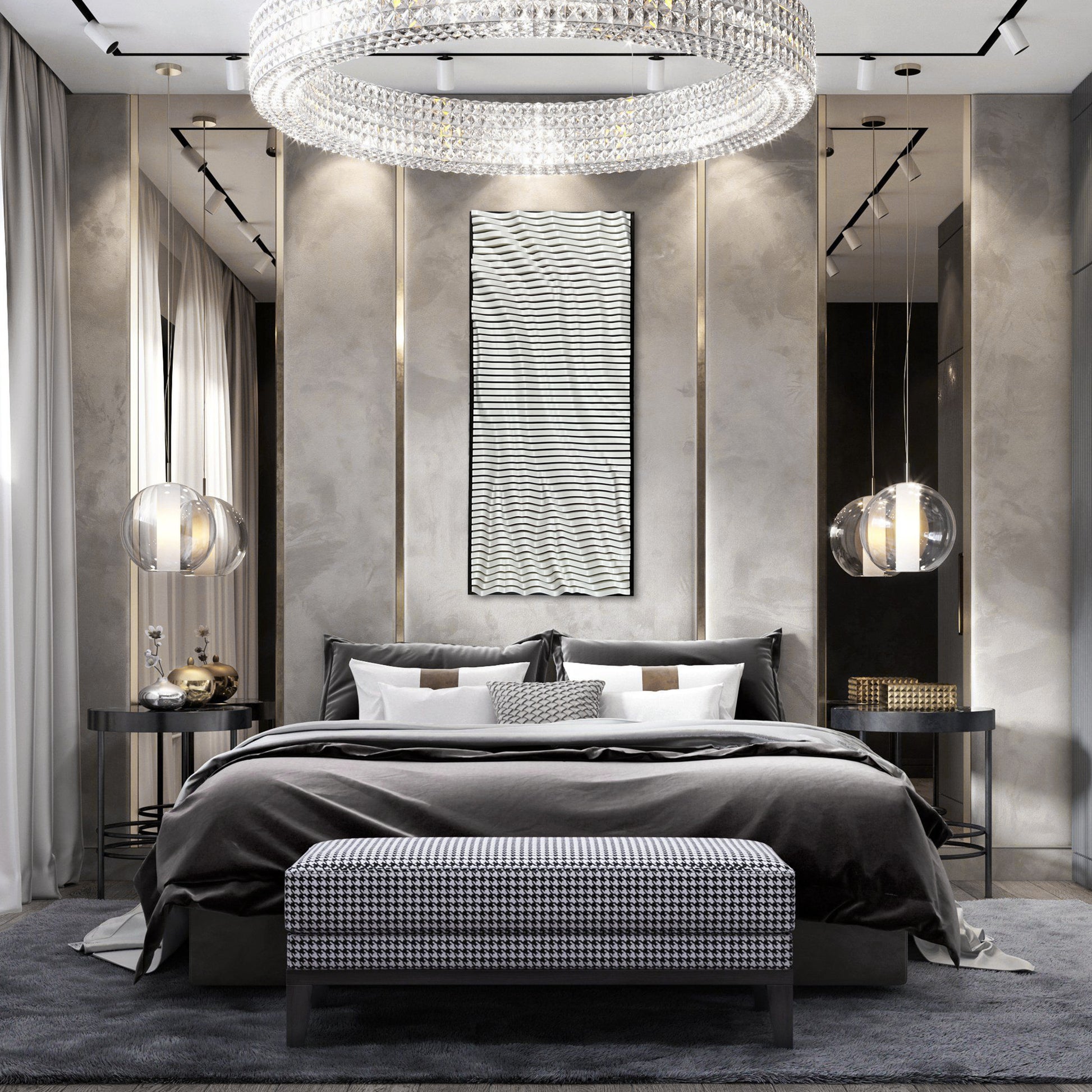 CHELSEA Parametric Wood Wall Art in a luxury bedroom with metallic tones, combining sound insulation and upscale wall aesthetics.