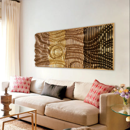SUNRISE Wall Art - Parametric Wall Decor in a modern living room, handmade from 100% solid wood with acoustic design for stylish sound absorption.
