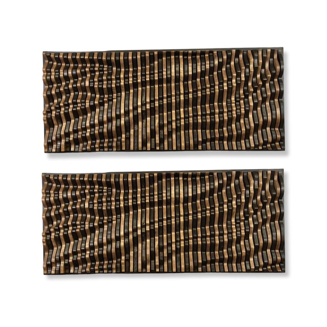 Set of 2 TSUNAMI Parametric Wood Wall Art panels with sculptural wave design in solid wood, laid flat on white background for product detail view.